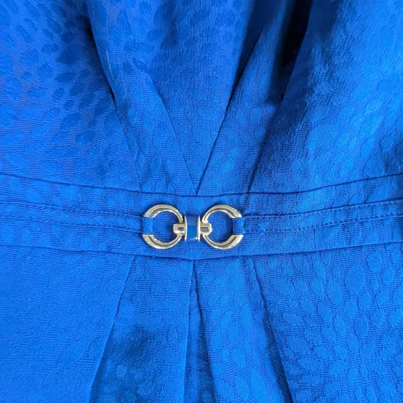 Tahari Arthur S. Levine Sleeveless, Blue Sheath Dress, Gold Buckle Pockets - Picture 7 of 12